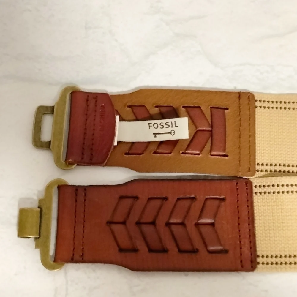 FOSSIL Leather & Tan Fabric Belt Interlock Brass Hook Stretch Women’s Chevron